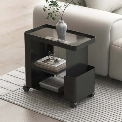 Black Iron 3-Tier Rectangular Side Table with Casters