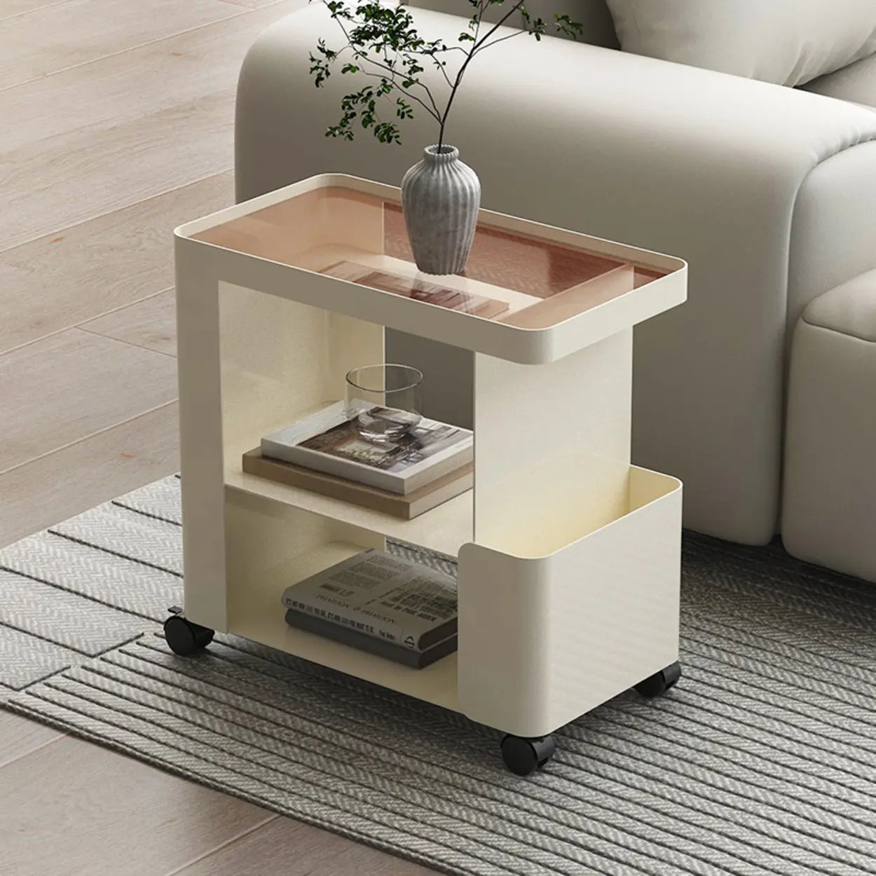Black Iron 3-Tier Rectangular Side Table with Casters