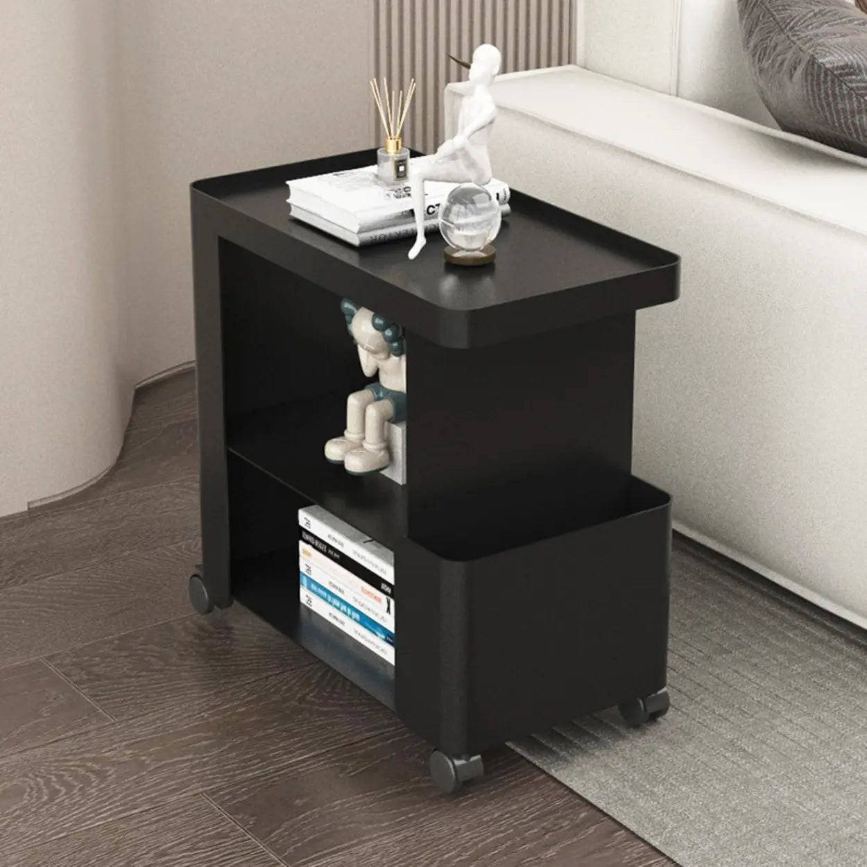 Black Iron 3-Tier Rectangular Side Table with Casters — Black / Glass