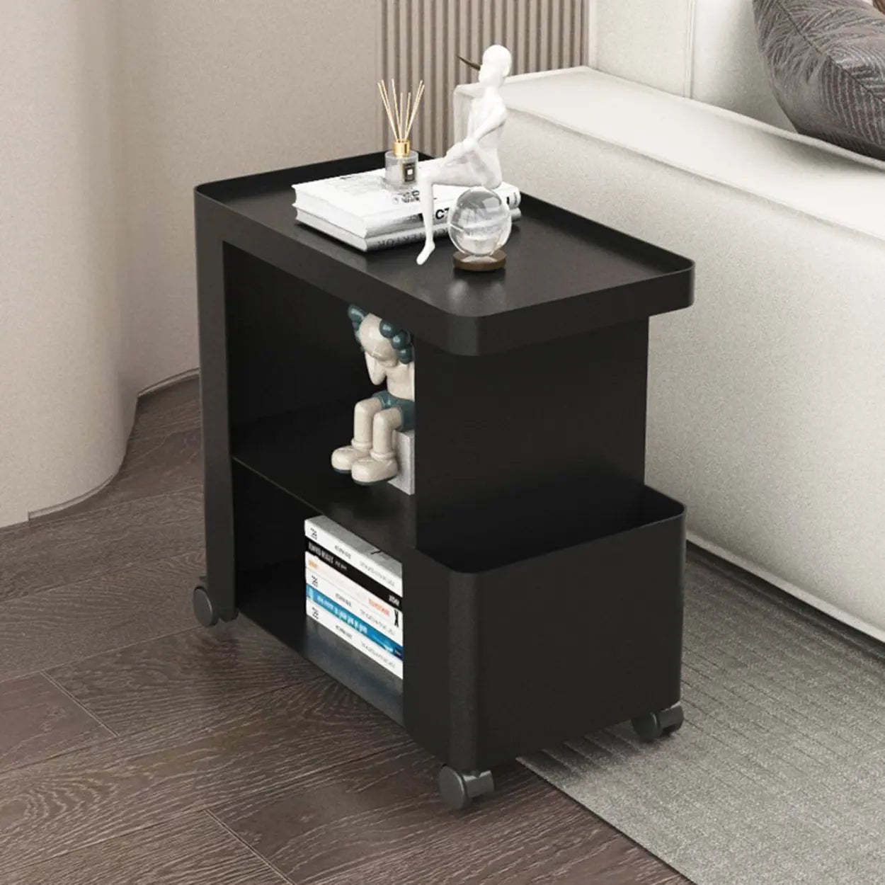 Black Iron 3-Tier Rectangular Side Table with Casters — Black / Glass