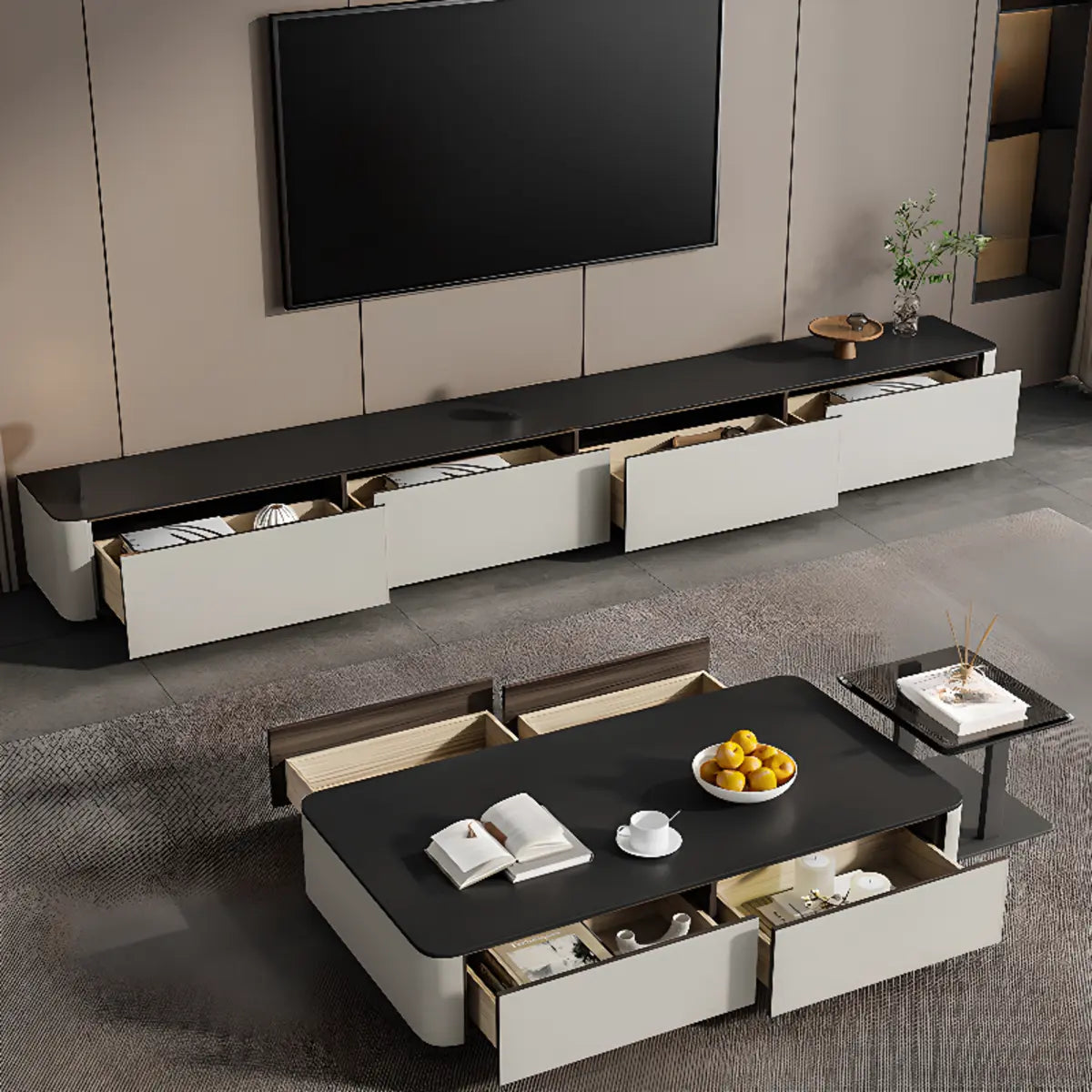 Rectangle Glass Drawer Steel Bunching Coffee Table