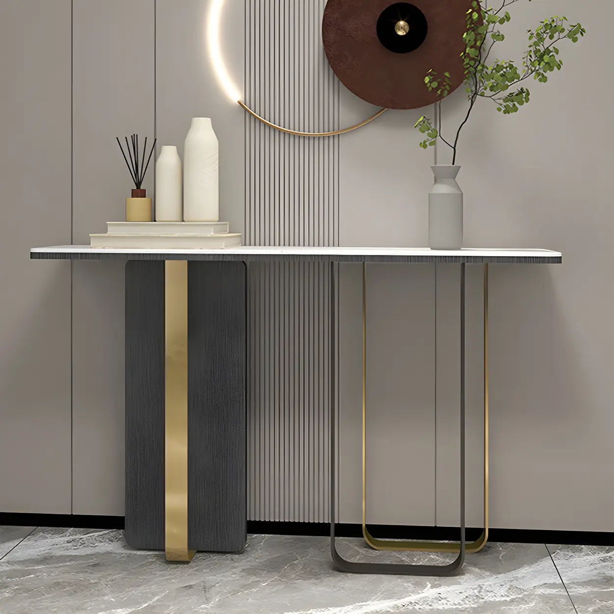 White Marble-Top Abstract Metal Console Table