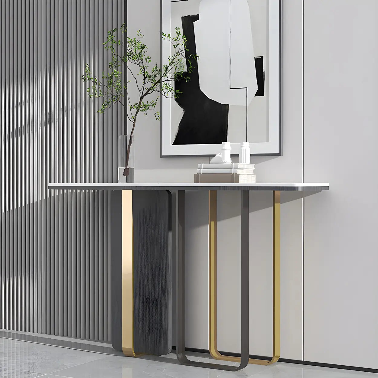 White Marble-Top Abstract Metal Console Table — White/ Gold