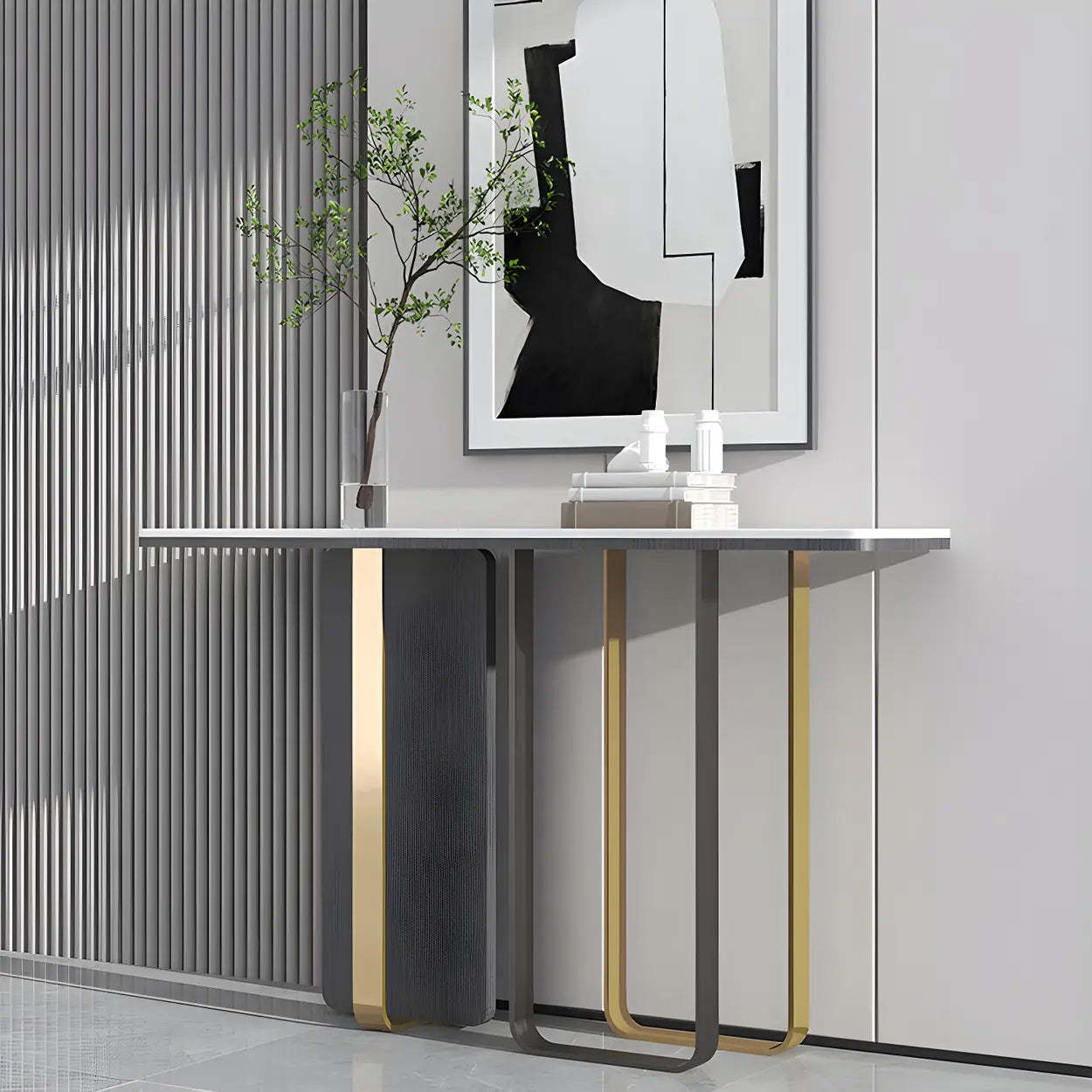 White Marble-Top Abstract Metal Console Table — White/ Gold