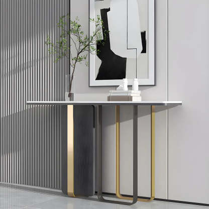 White Marble-Top Abstract Metal Console Table — White/ Gold