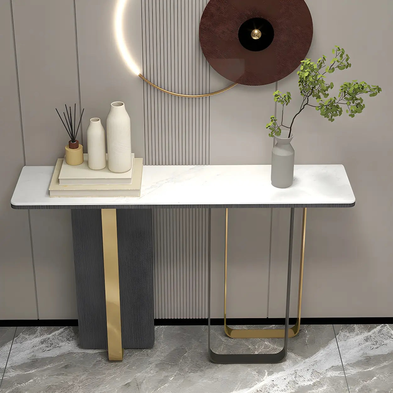 White Marble-Top Abstract Metal Console Table — White/ Gold