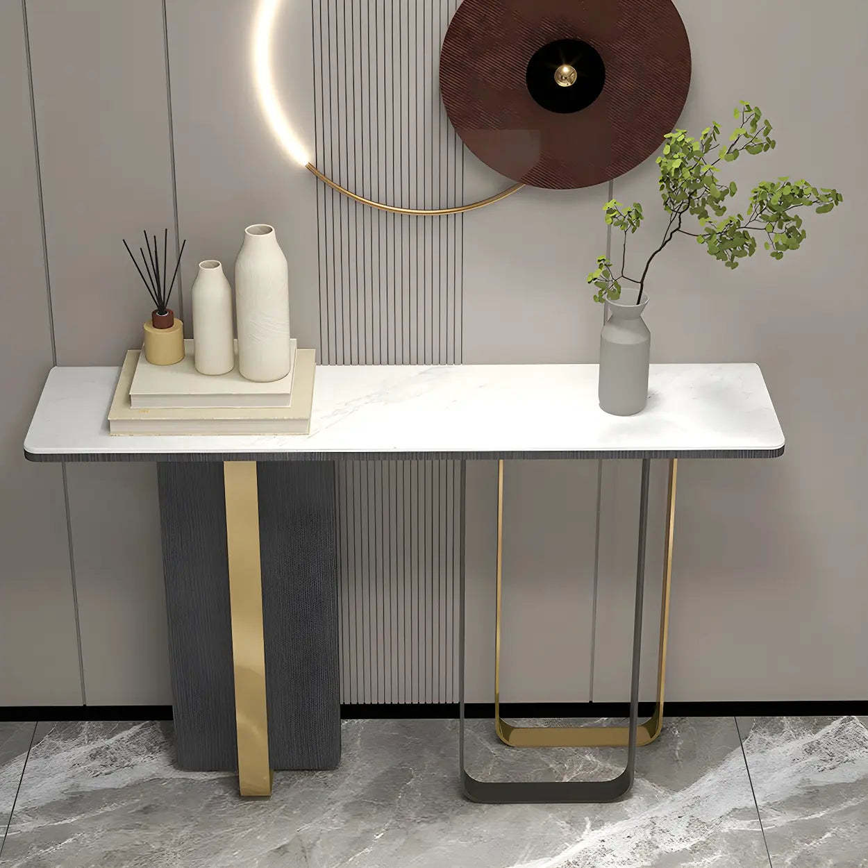 White Marble-Top Abstract Metal Console Table — White/ Gold