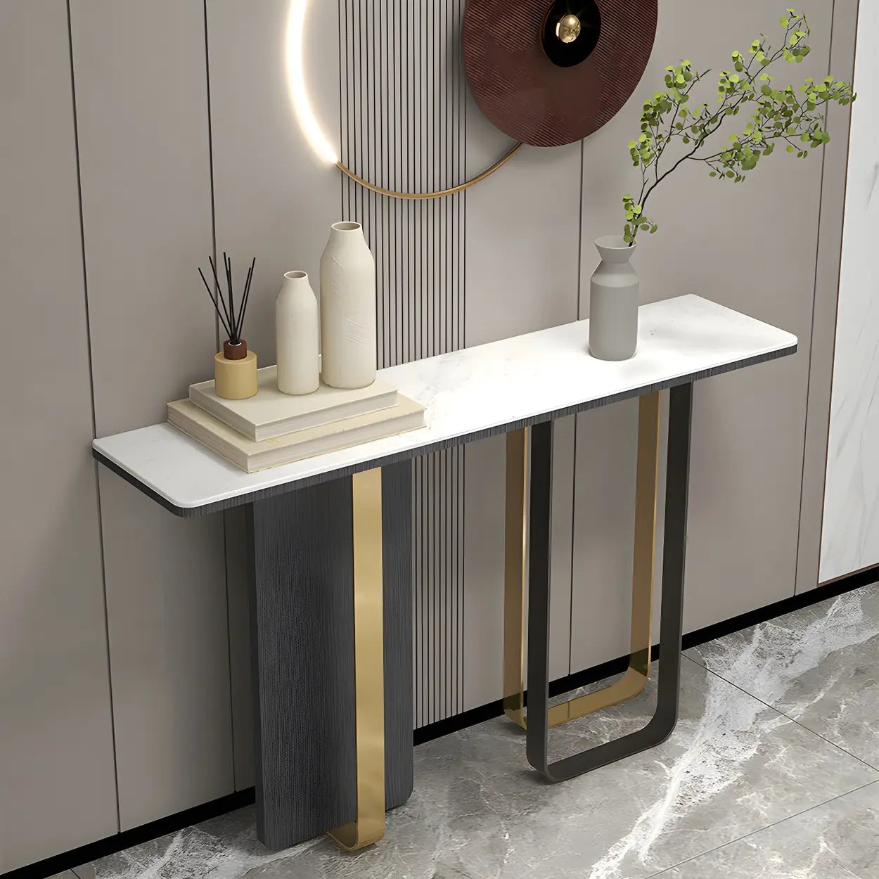 White Marble-Top Abstract Metal Console Table — White