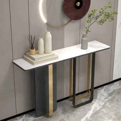 White Marble-Top Abstract Metal Console Table — White
