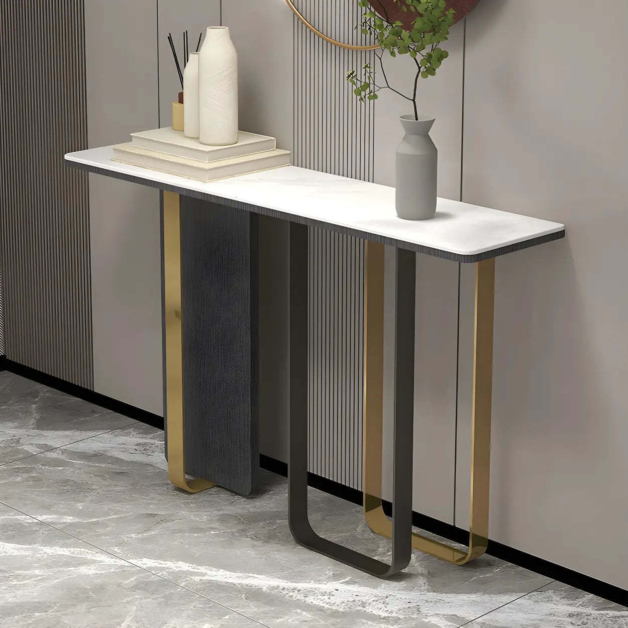 White Marble-Top Abstract Metal Console Table — White/ Gold