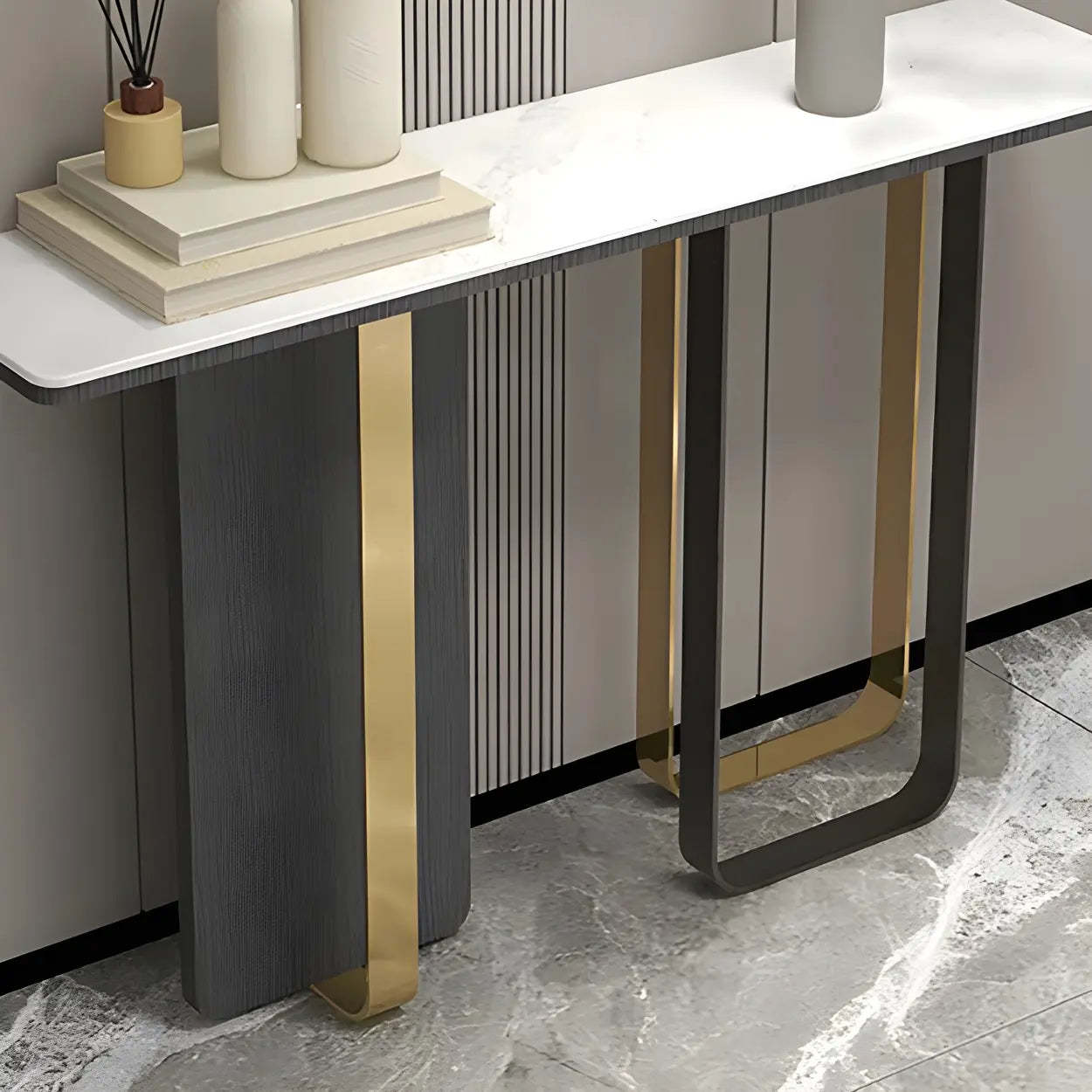 White Marble-Top Abstract Metal Console Table — White
