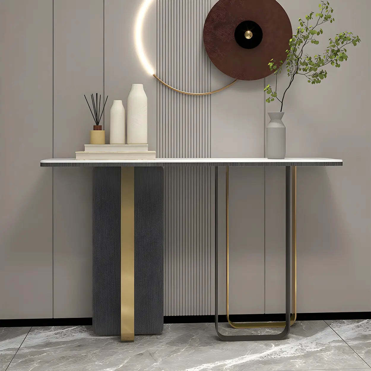 White Marble-Top Abstract Metal Console Table — White