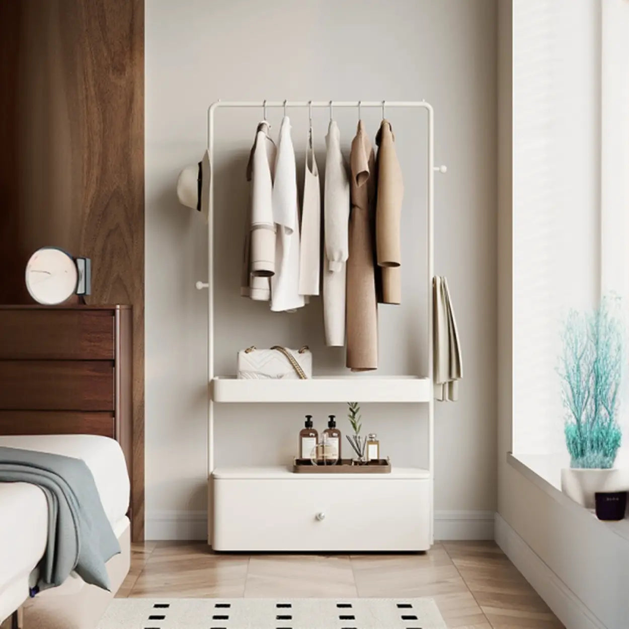 Off-White Metal Bedroom Coat Rack with Drawers