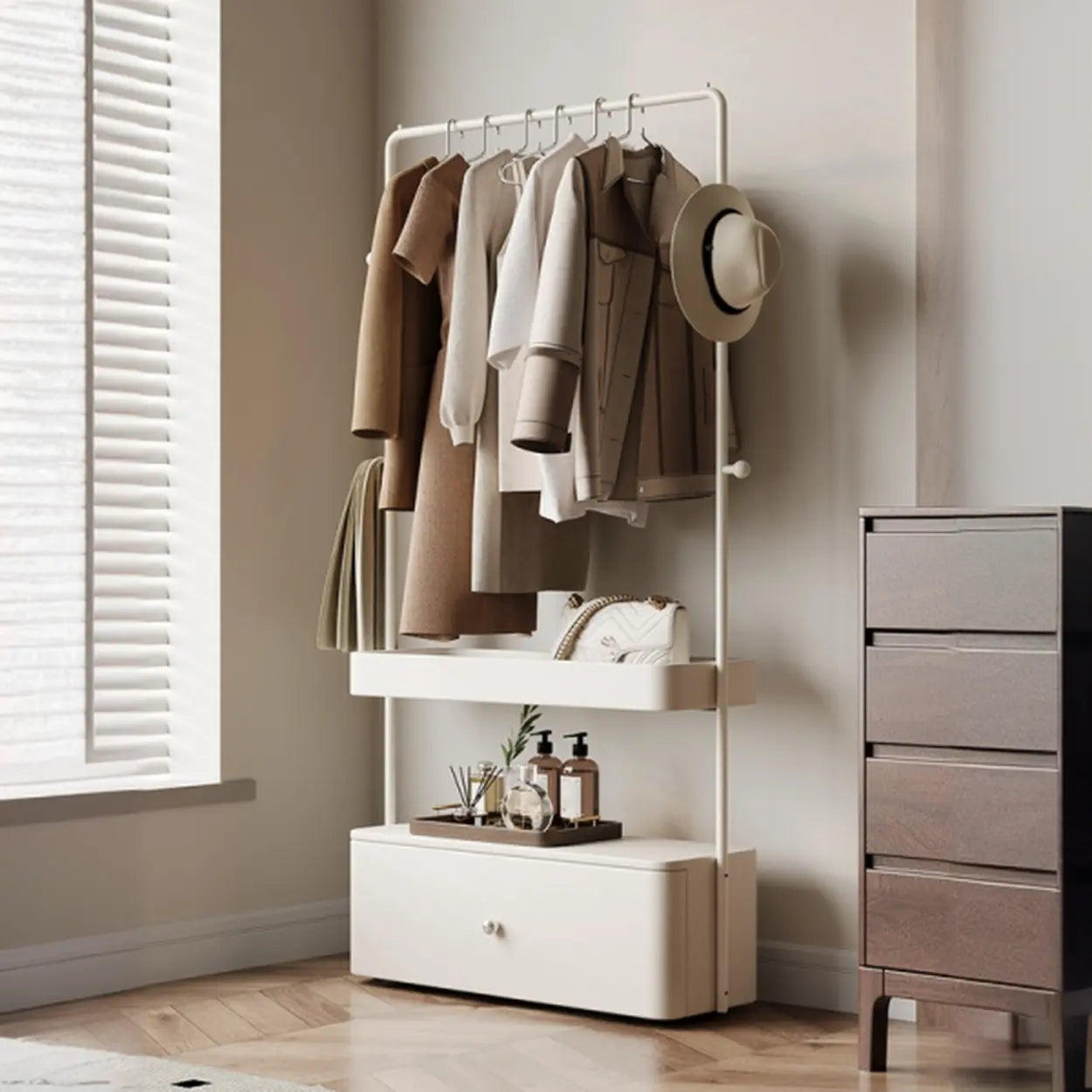 Off-White Metal Bedroom Coat Rack with Drawers — Off-White