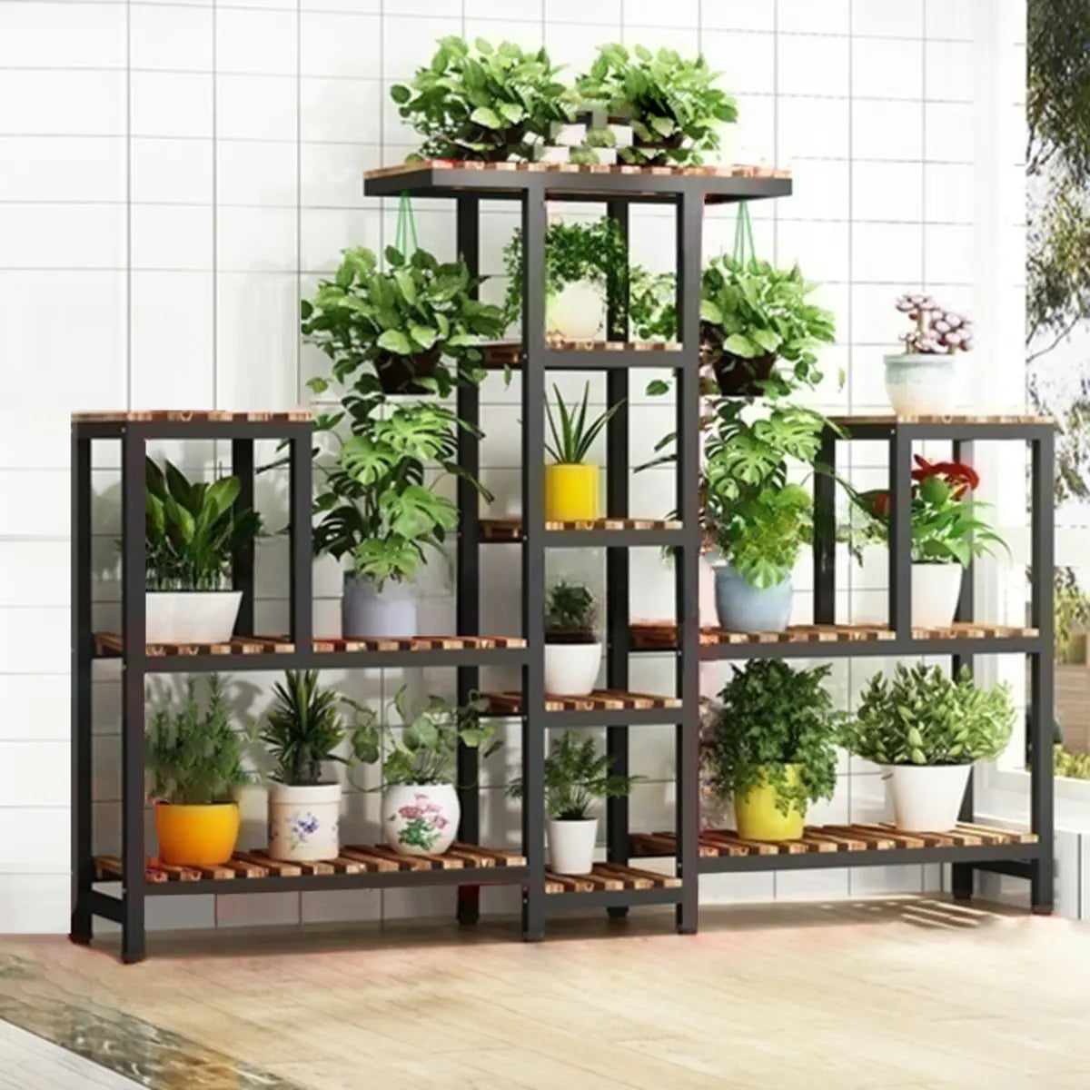 Brown Rectangular Metal Indoor Crate Plant Stand — Walnut/ Black