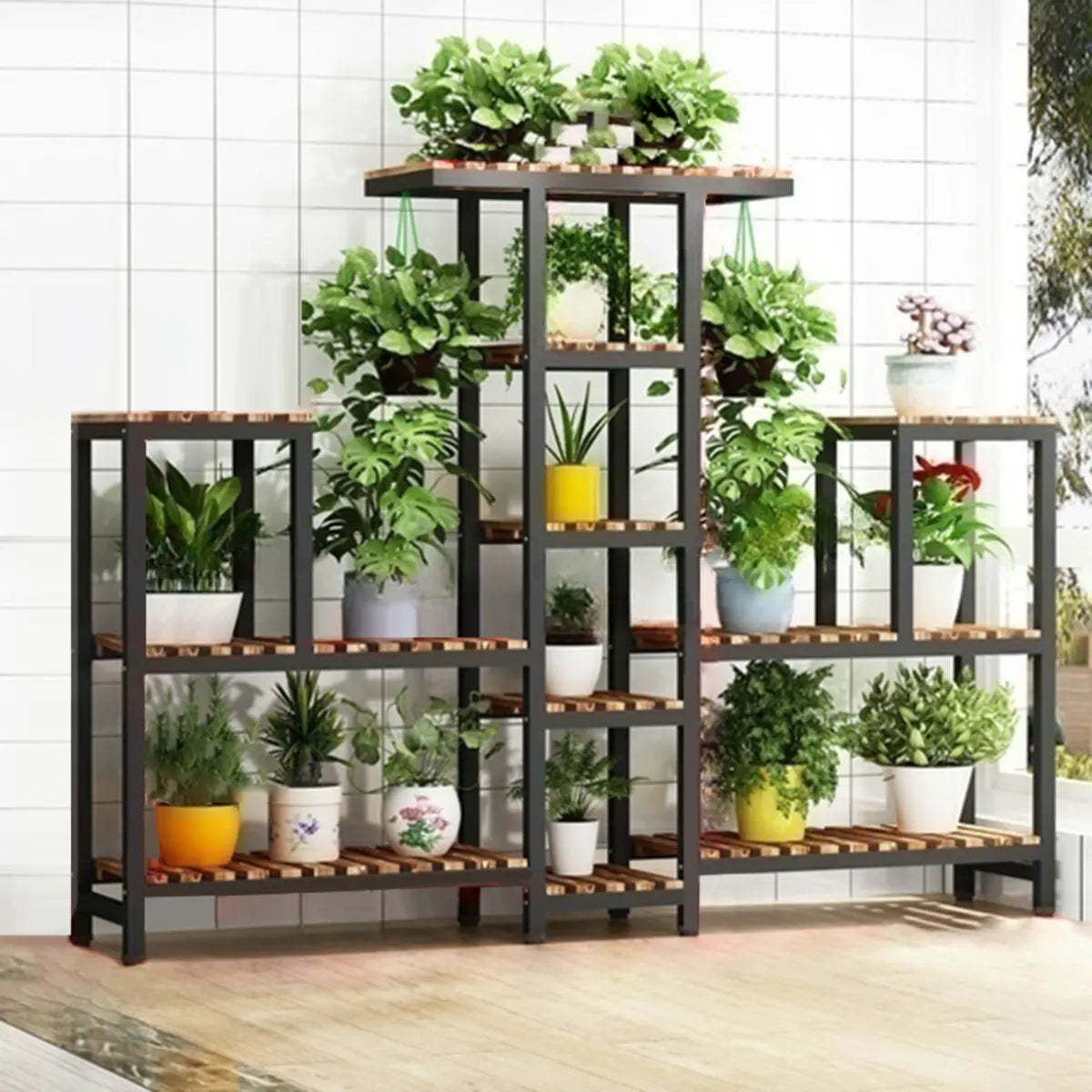 Brown Rectangular Metal Indoor Crate Plant Stand — Walnut/ Black