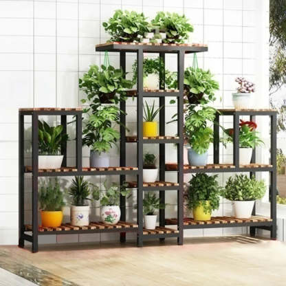 Brown Rectangular Metal Indoor Crate Plant Stand — Walnut/ Black