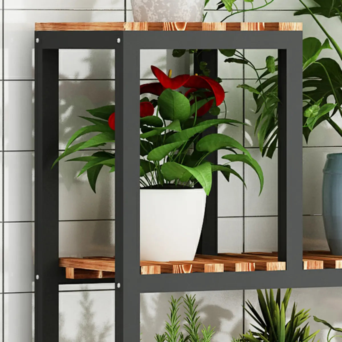 Brown Rectangular Metal Indoor Crate Plant Stand — Walnut/ Black