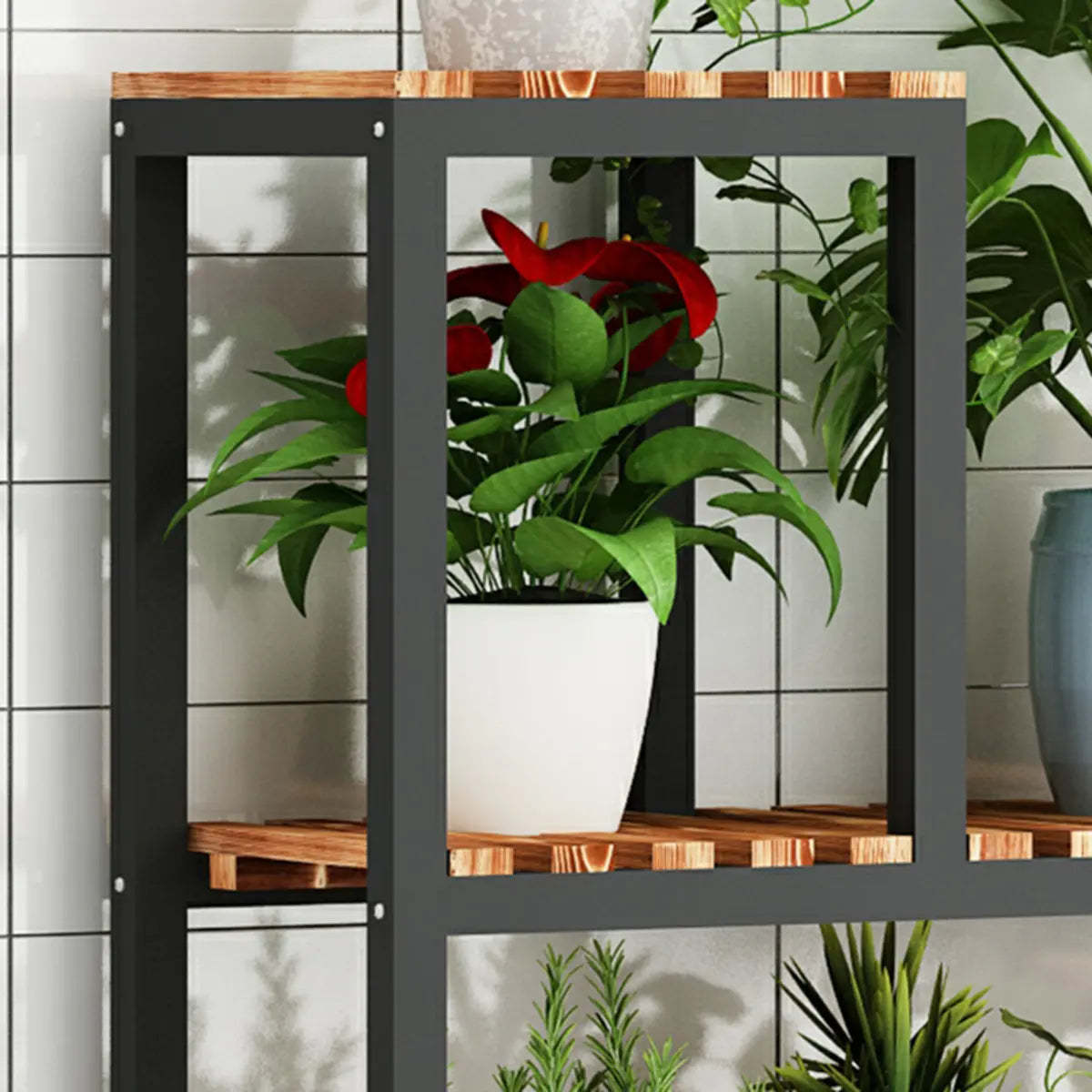 Brown Rectangular Metal Indoor Crate Plant Stand — Walnut/ Black