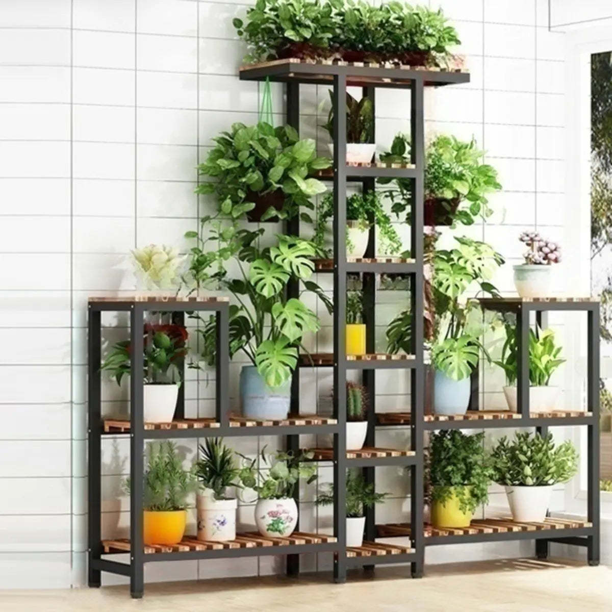 Brown Rectangular Metal Indoor Crate Plant Stand — Walnut/ Black