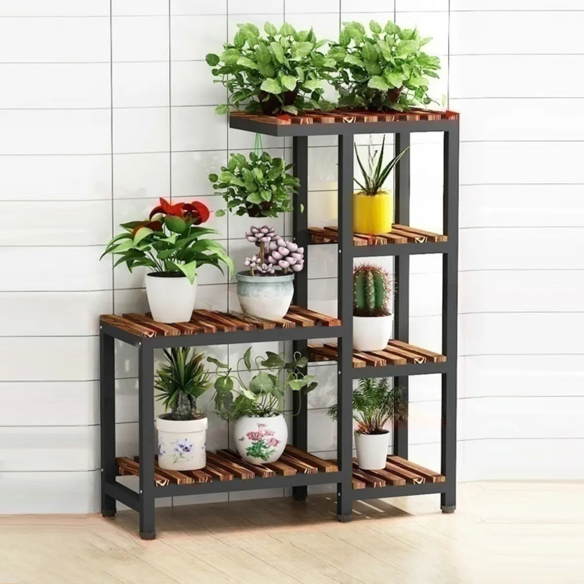 Brown Rectangular Metal Indoor Crate Plant Stand — Natural/ White