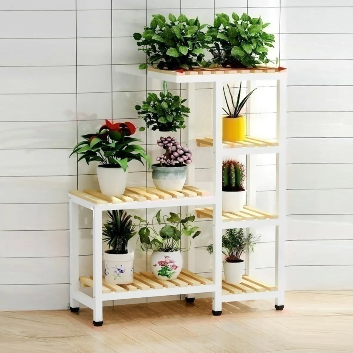 Brown Rectangular Metal Indoor Crate Plant Stand — Natural/ White