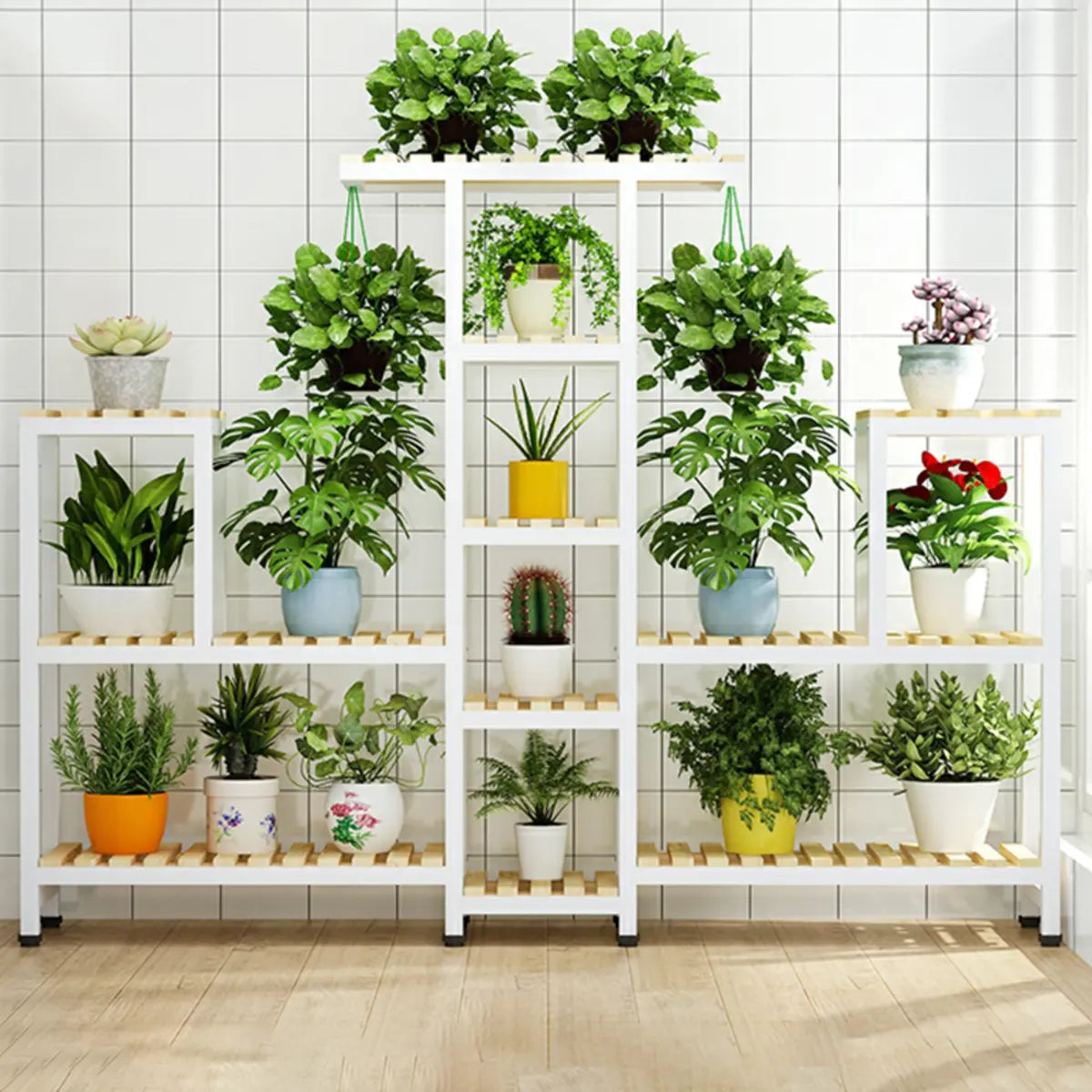 Brown Rectangular Metal Indoor Crate Plant Stand — Natural/ White