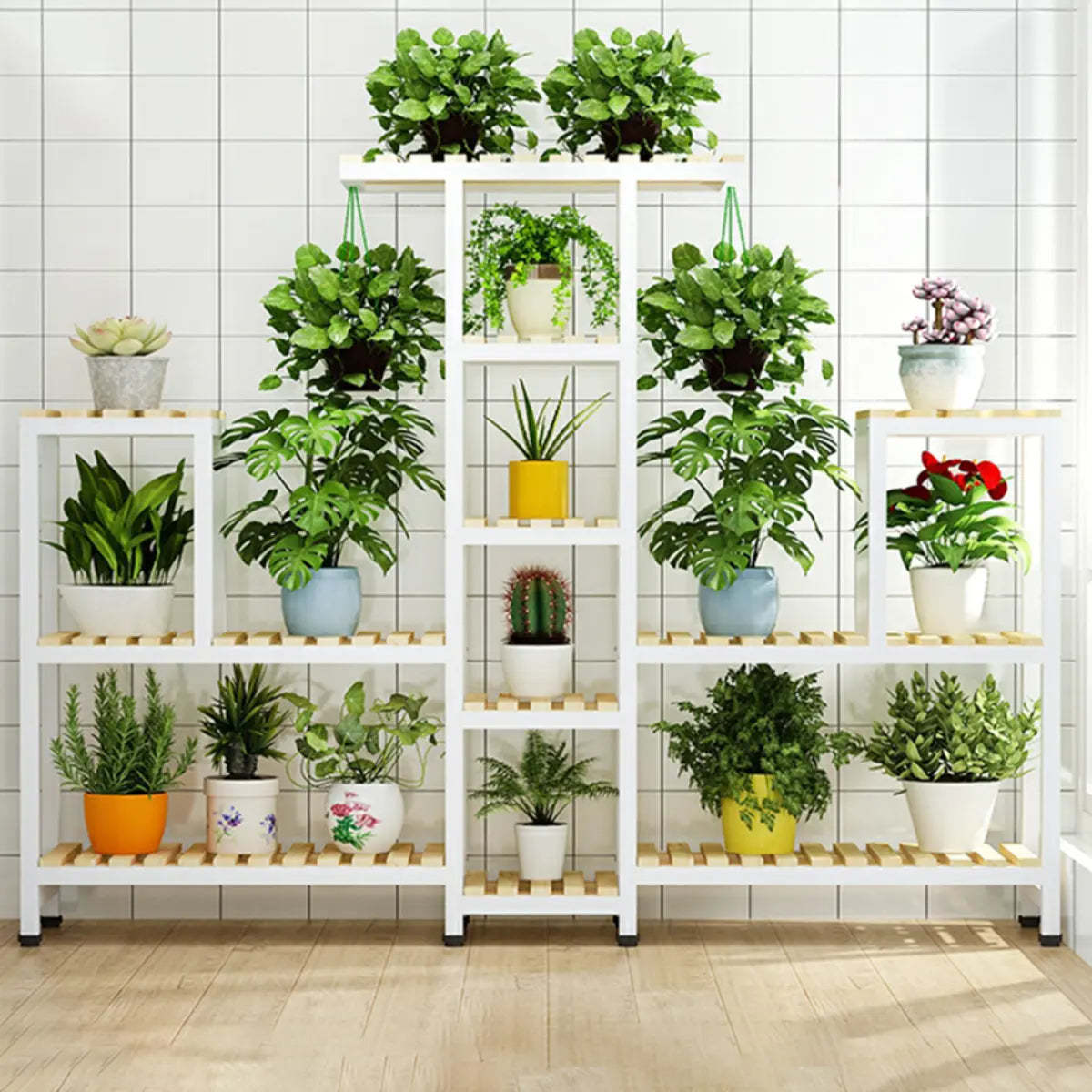 Brown Rectangular Metal Indoor Crate Plant Stand — Natural/ White