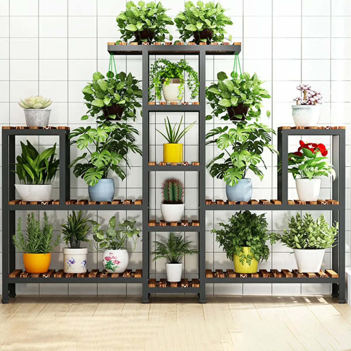 Brown Rectangular Metal Indoor Crate Plant Stand — Natural/ White