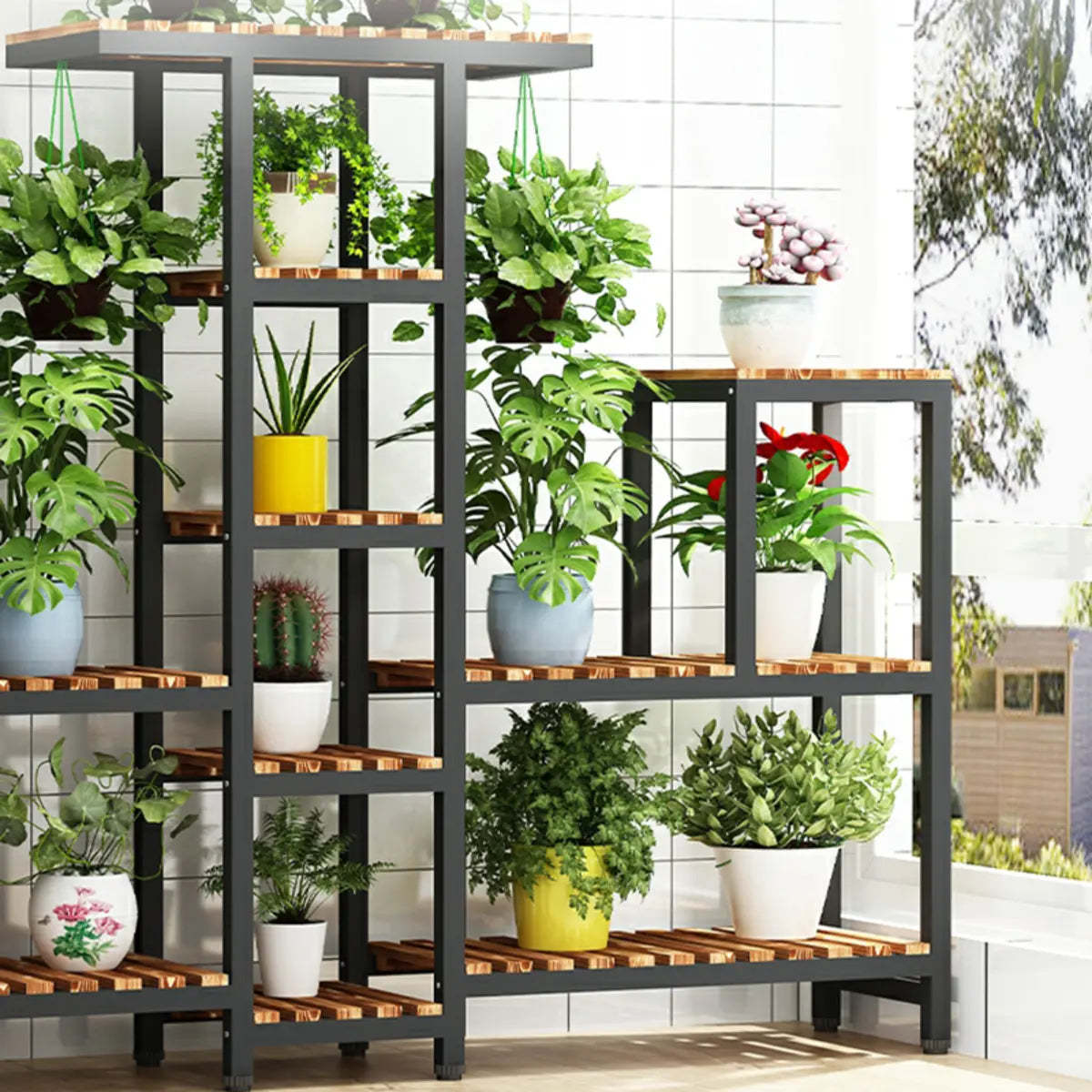 Brown Rectangular Metal Indoor Crate Plant Stand — Walnut/ Black