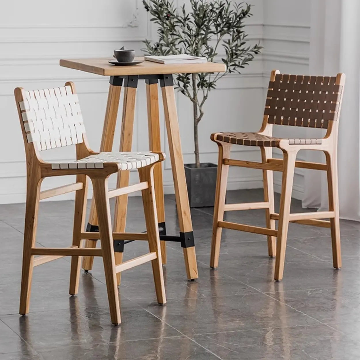 Rectangle Wood Leather Woven Bar Stool — Black