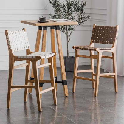 Rectangle Wood Leather Woven Bar Stool — Black