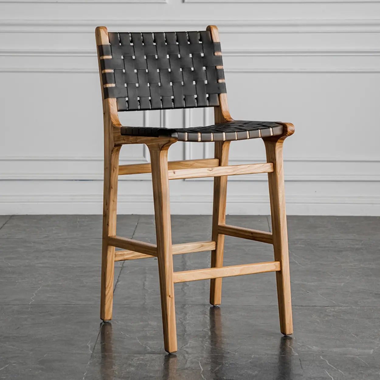 Rectangle Wood Leather Woven Bar Stool — Black