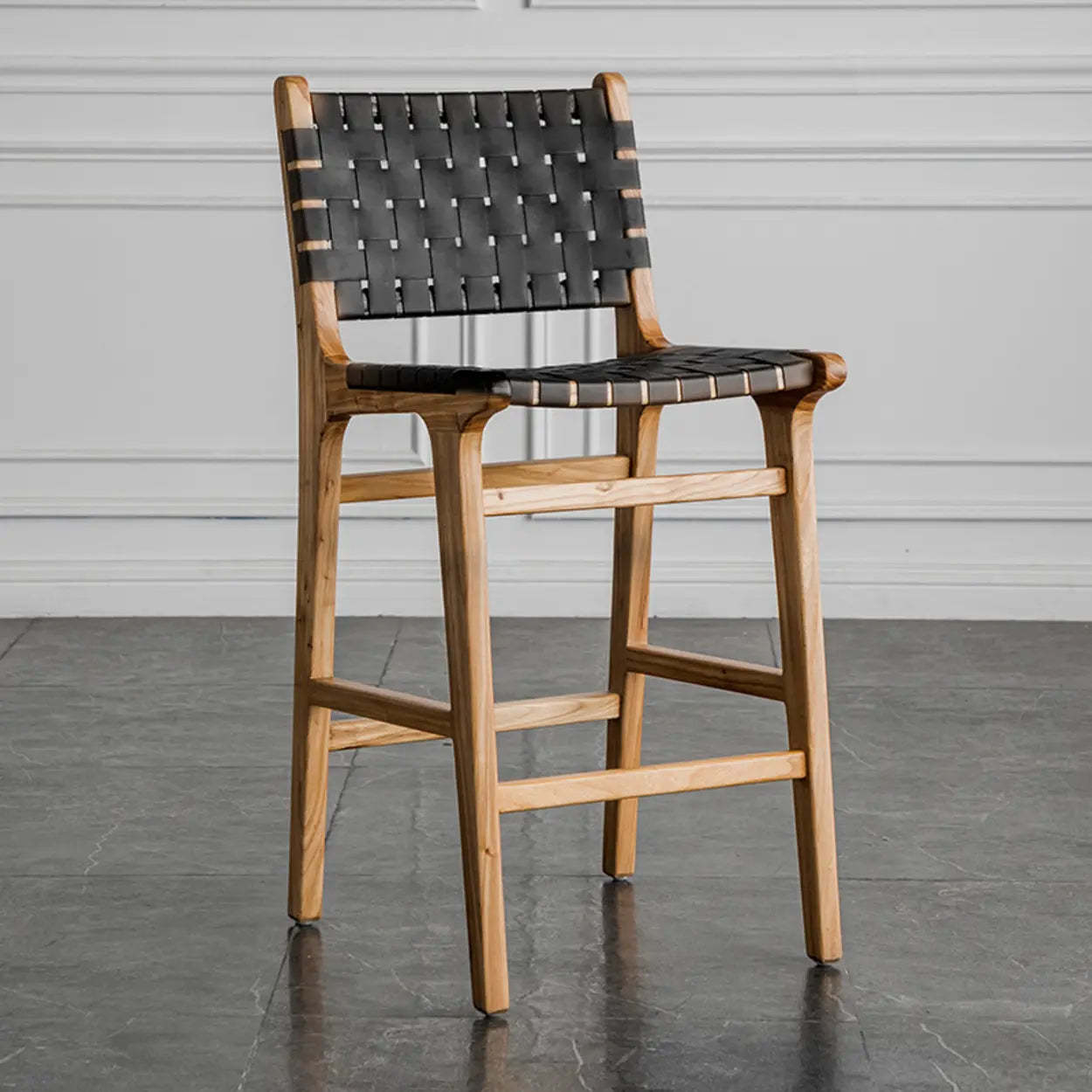 Rectangle Wood Leather Woven Bar Stool — Black