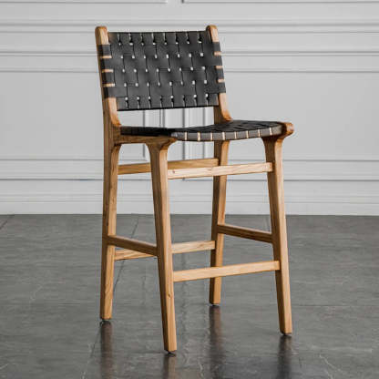 Rectangle Wood Leather Woven Bar Stool — Black