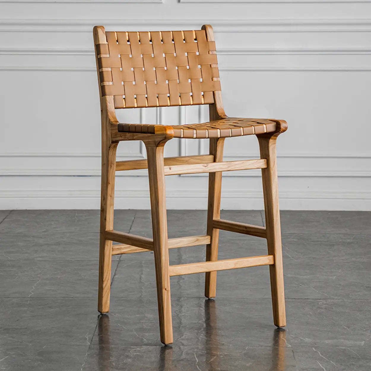 Wood Leather Woven Bar Stool