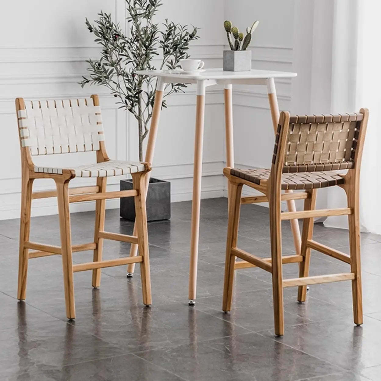 Rectangle Wood Leather Woven Bar Stool — White