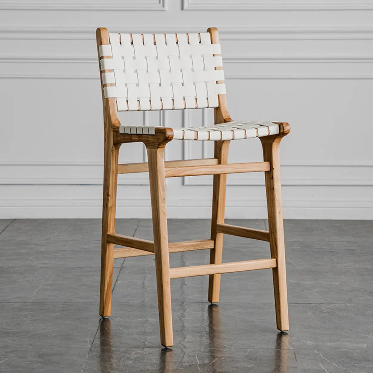 Rectangle Wood Leather Woven Bar Stool — Light Brown