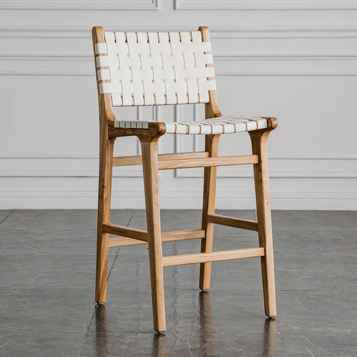 Rectangle Wood Leather Woven Bar Stool — Light Brown