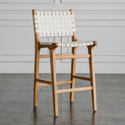 Rectangle Wood Leather Woven Bar Stool — Light Brown