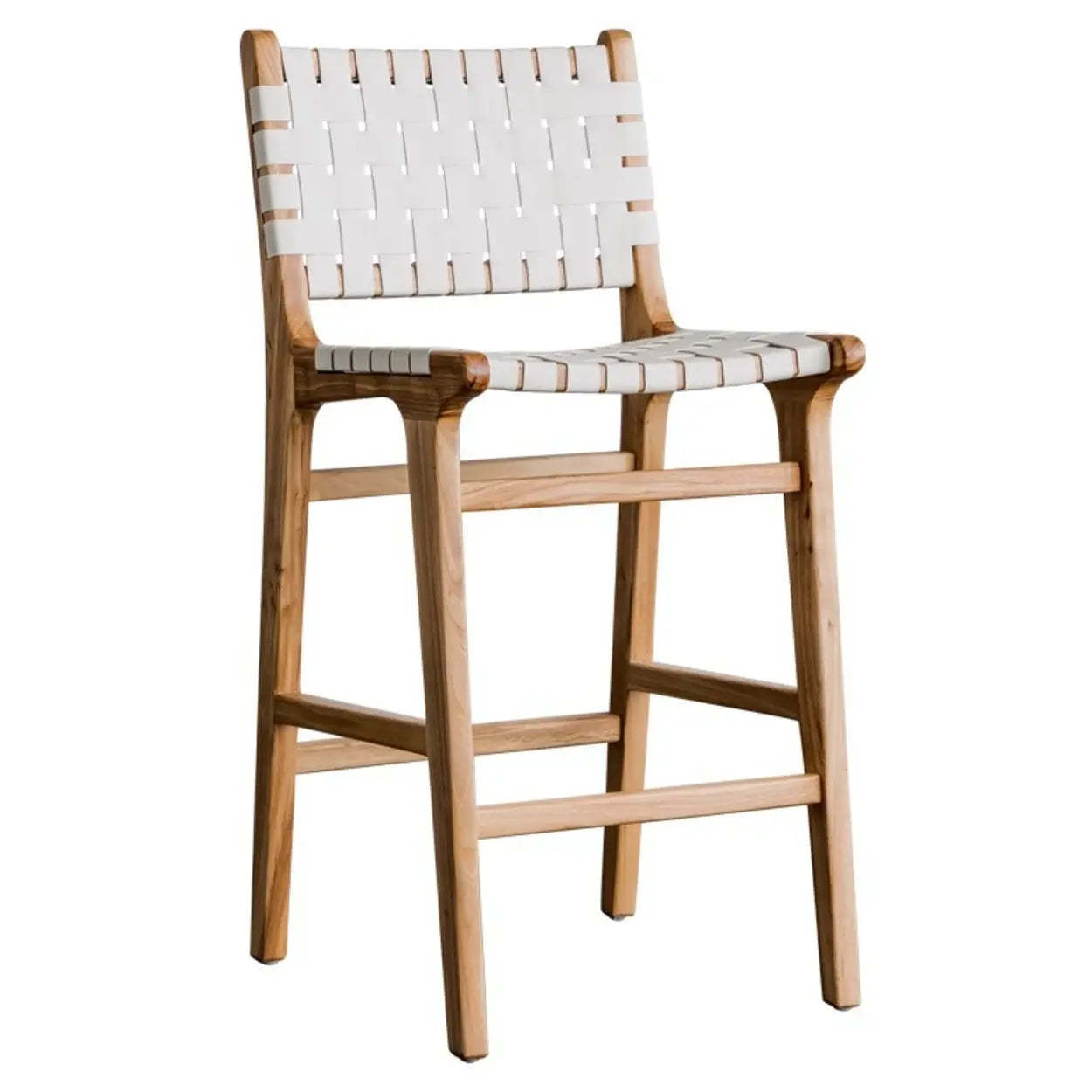 Rectangle Wood Leather Woven Bar Stool — Light Brown