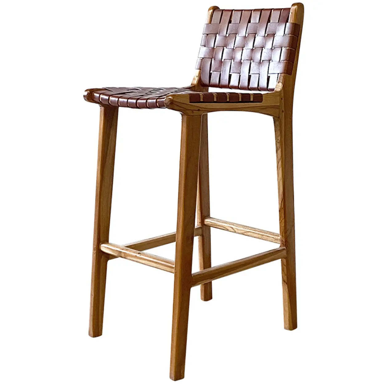 Wood Leather Woven Bar Stool