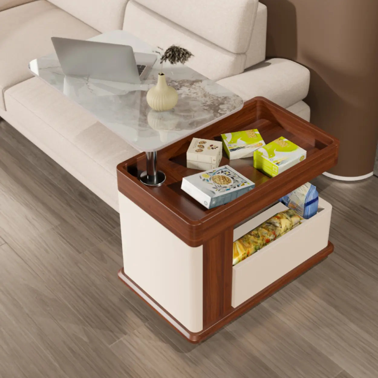 Rectangular Adjustable Brown Stone Side Table with Wheels