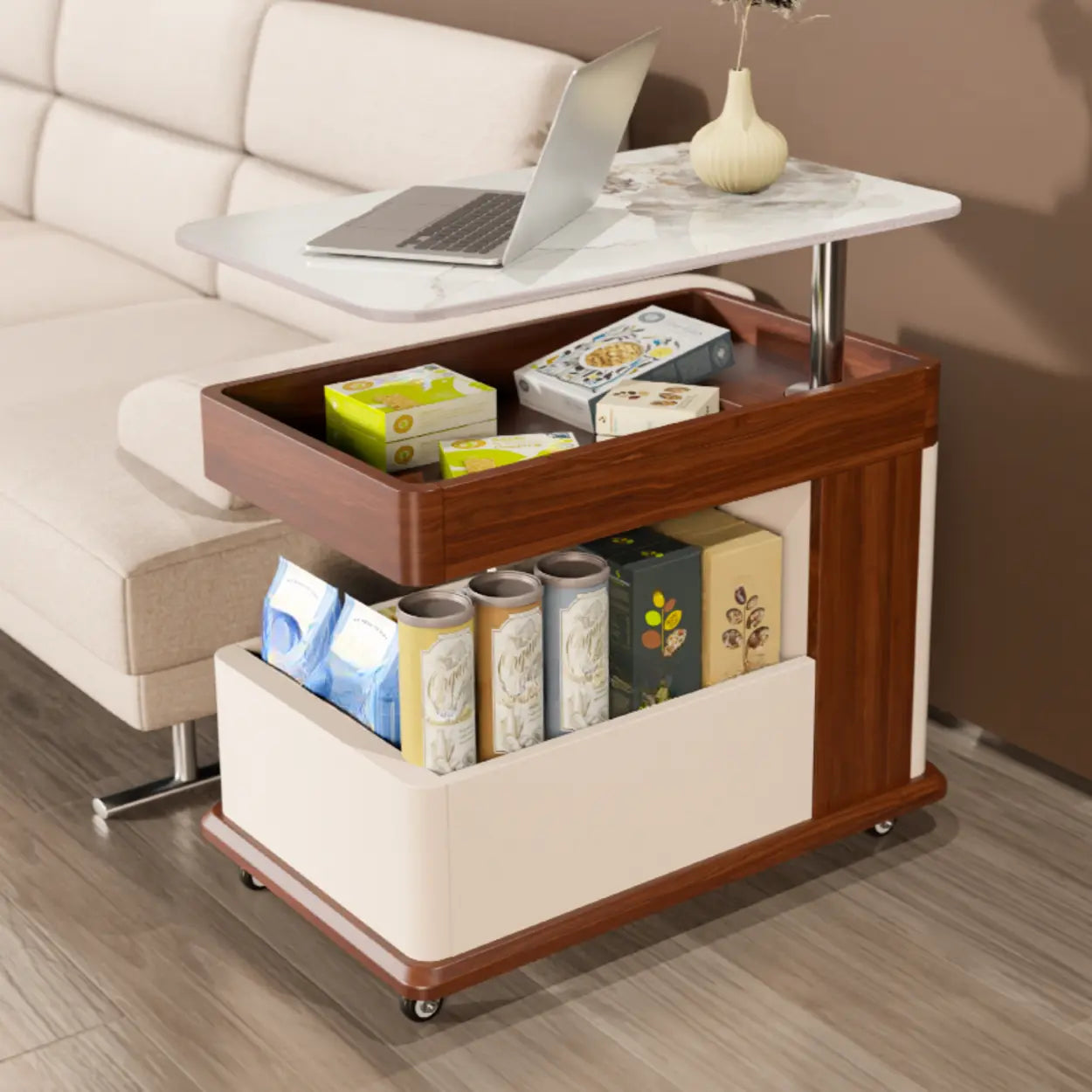 Rectangular Adjustable Brown Stone Side Table with Wheels
