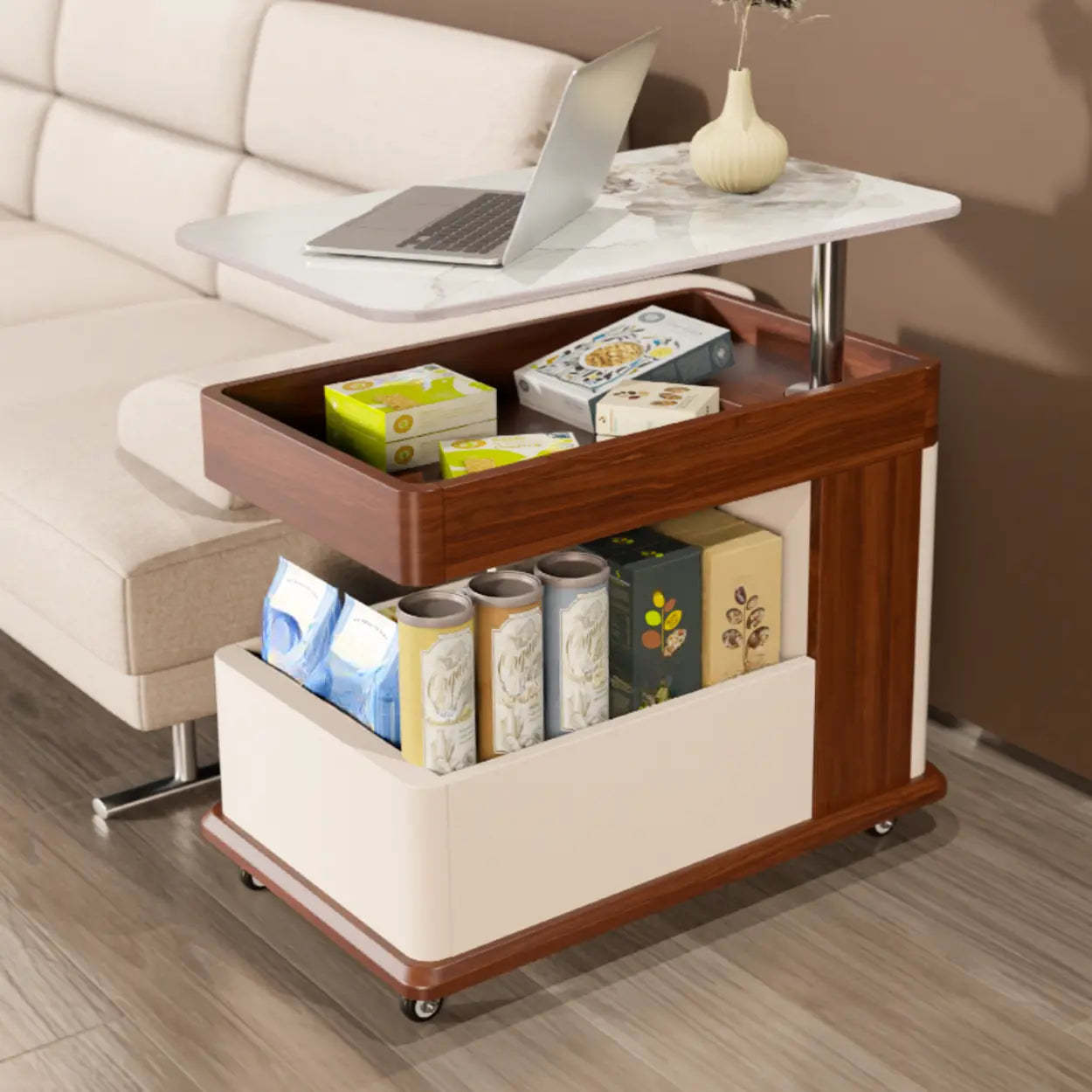 Rectangular Adjustable Brown Stone Side Table with Wheels