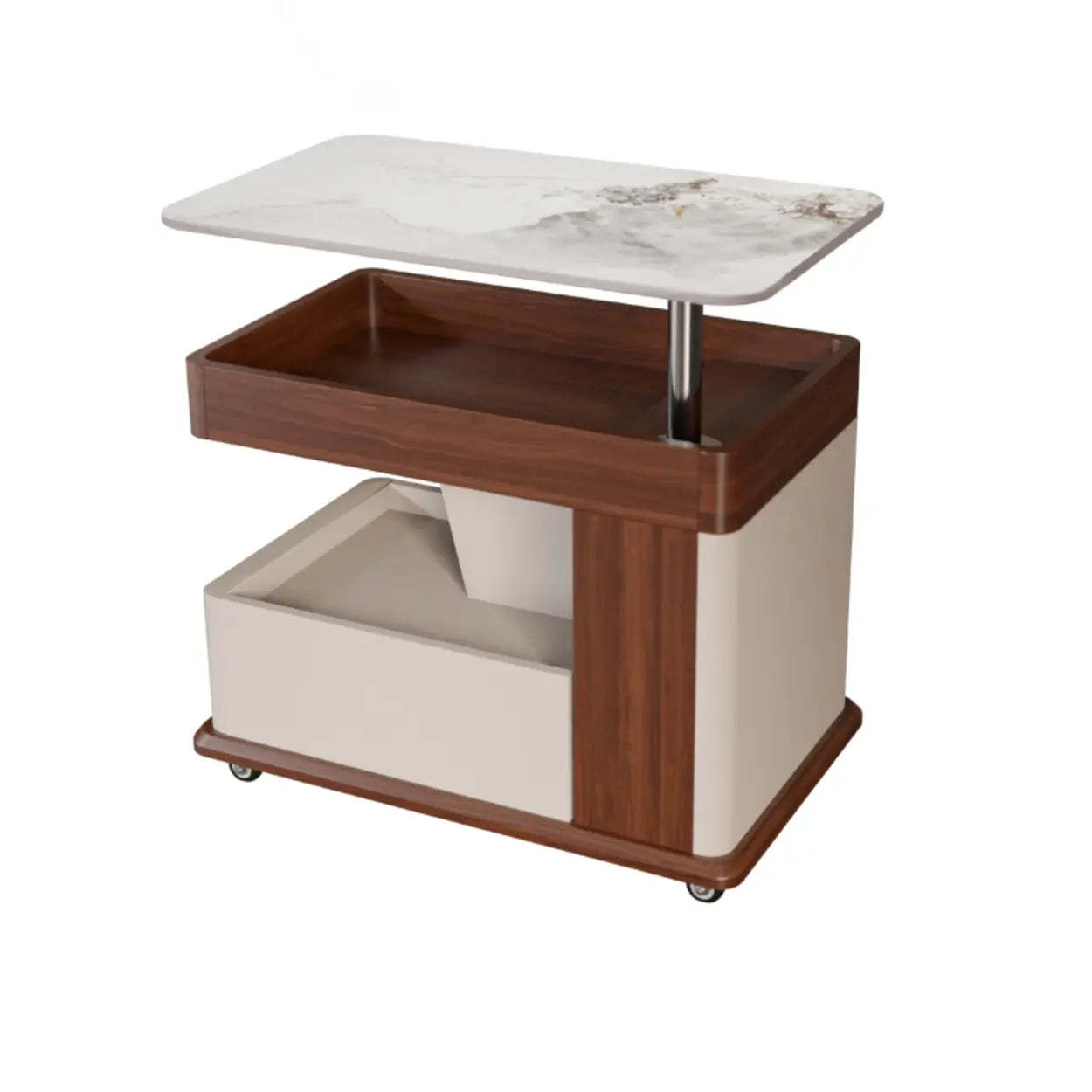 Rectangular Adjustable Brown Stone Side Table with Wheels