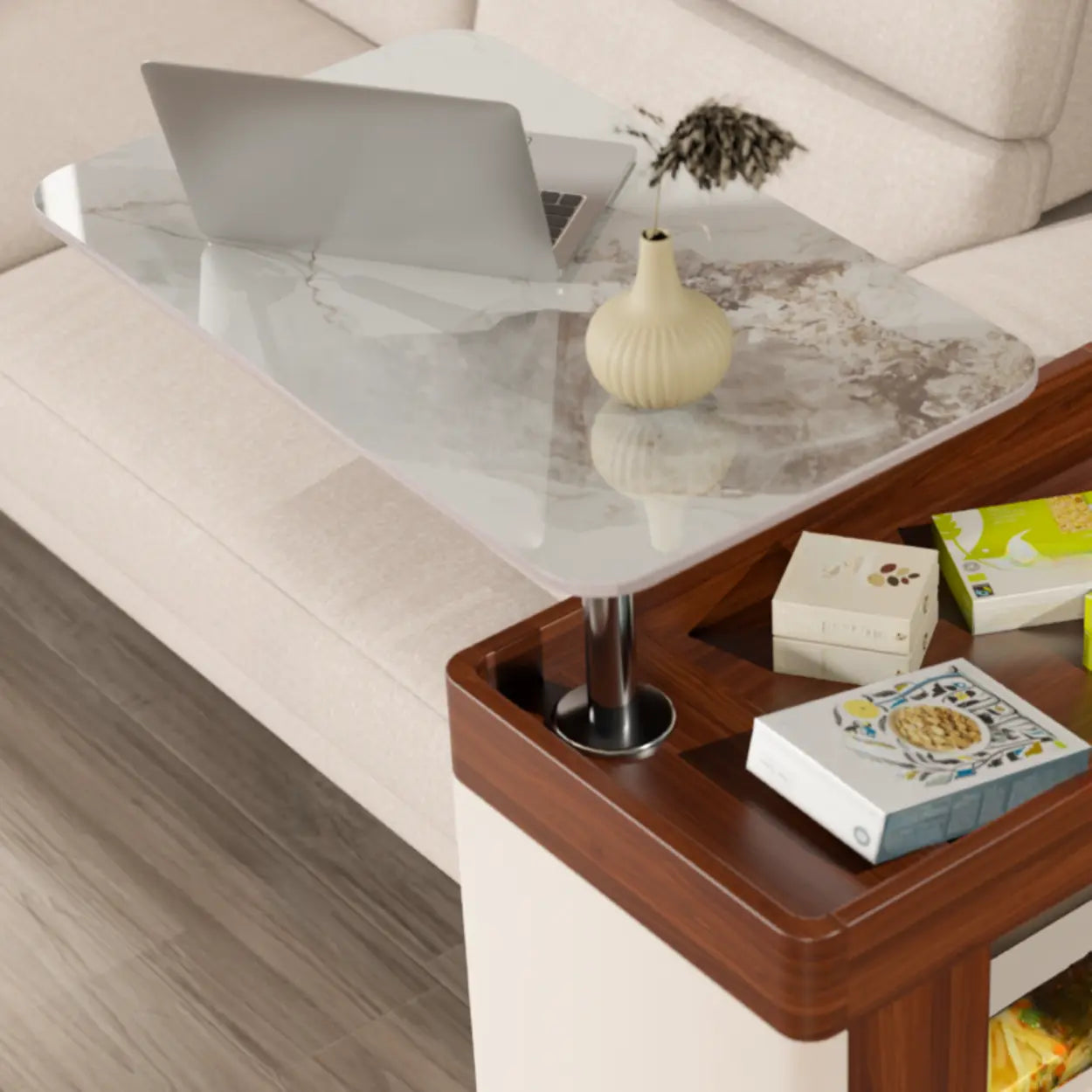 Rectangular Adjustable Brown Stone Side Table with Wheels