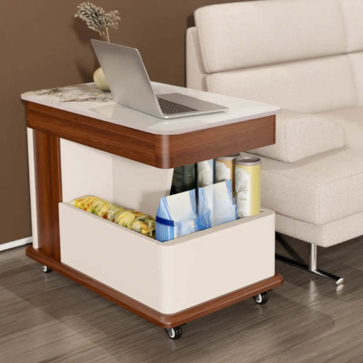 Rectangular Adjustable Brown Stone Side Table with Wheels