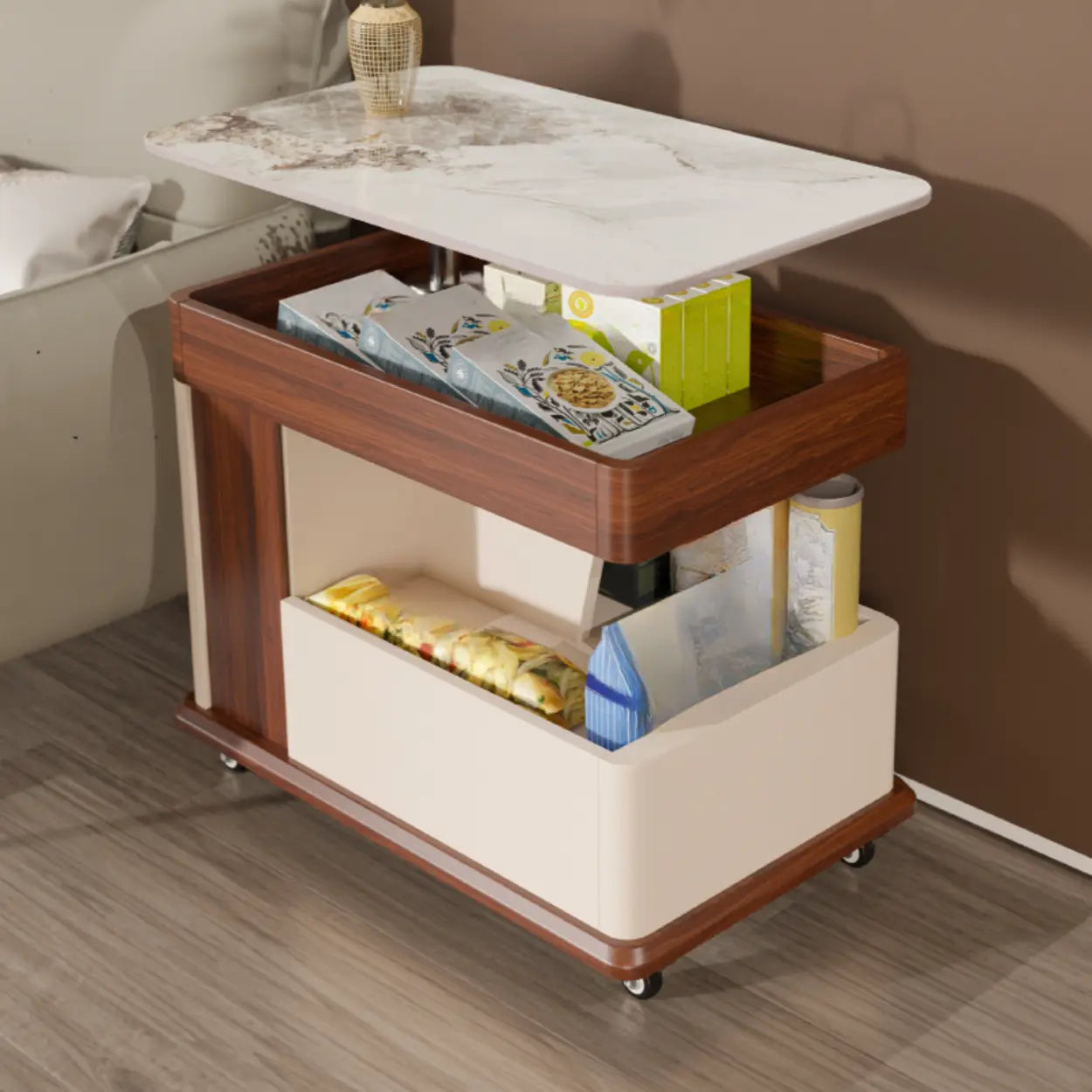 Rectangular Adjustable Brown Stone Side Table with Wheels