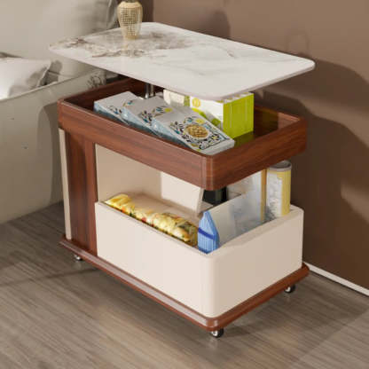 Rectangular Adjustable Brown Stone Side Table with Wheels